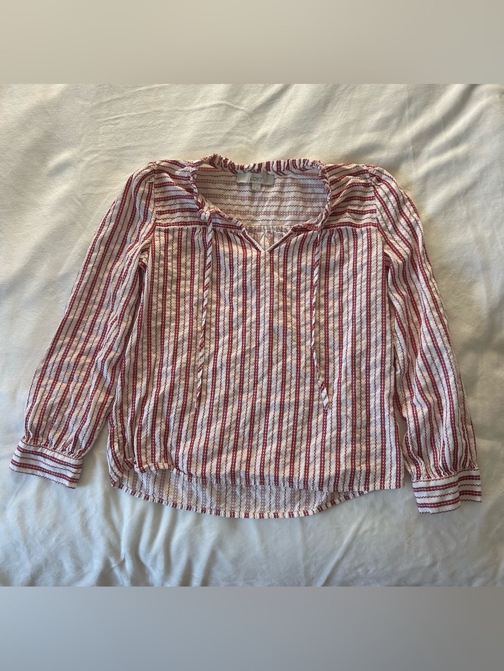 LOFT Tie-Neck Striped Blouse – Red & White – Size Small